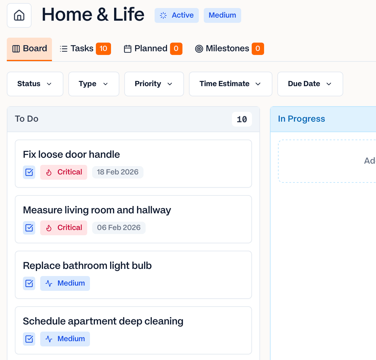 Views in Ember showing board, list, calendar, and milestones